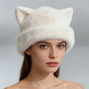 White Faux Fur Cat Ear Beanie Hat – New, Never Worn